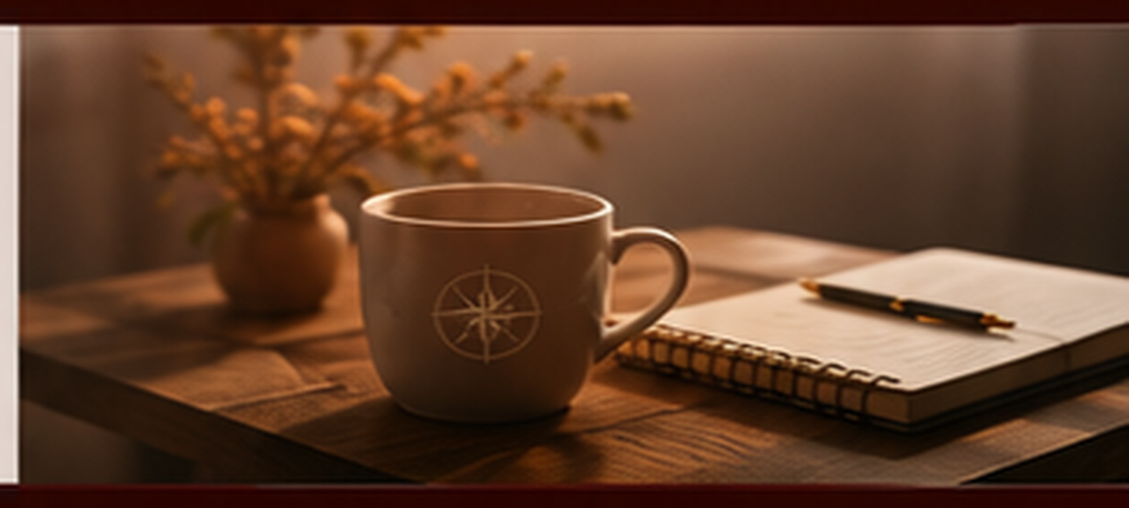 Ruhiger Arbeitsplatz mit Tasse und Notizbuch